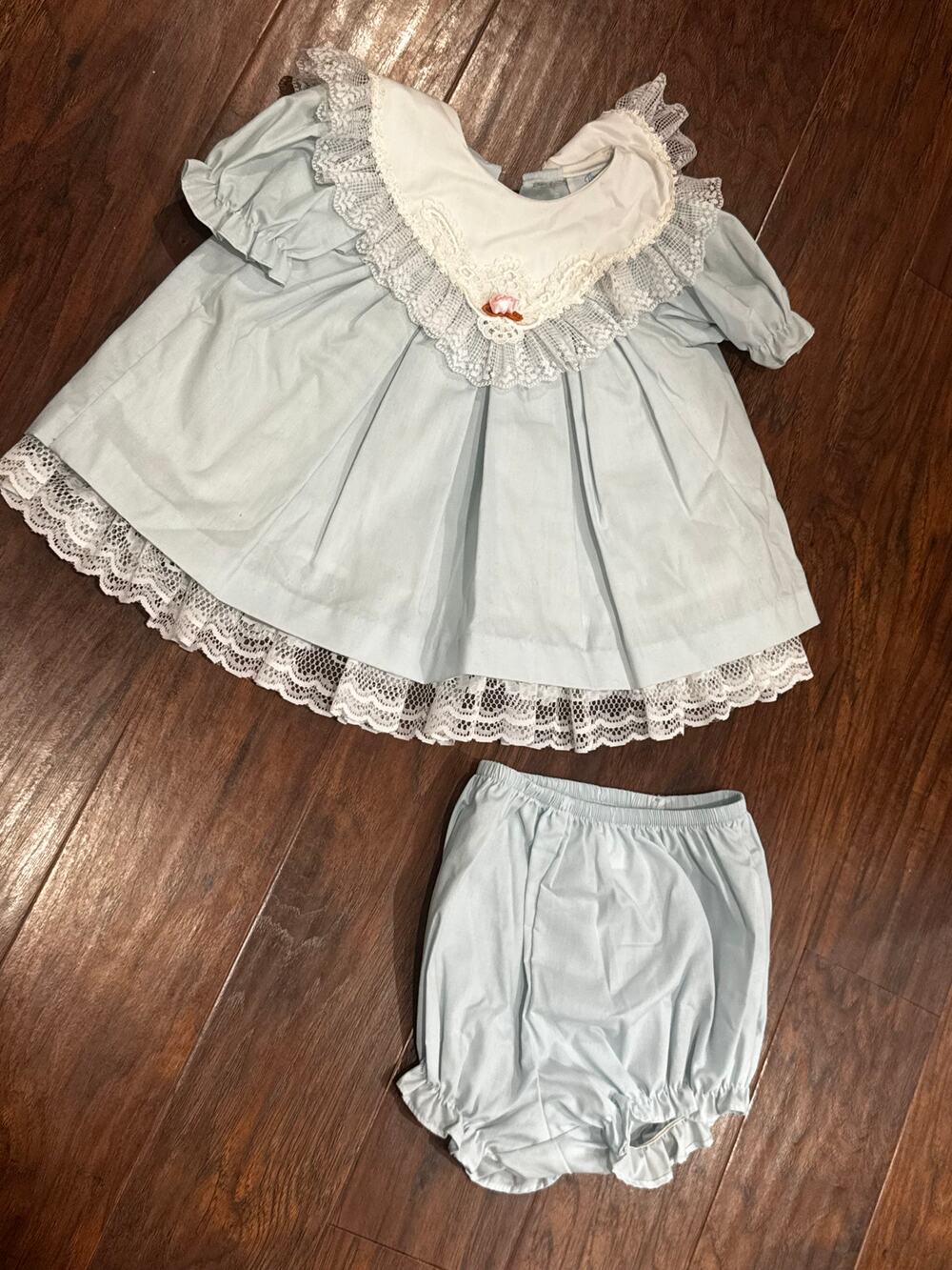 VTG The Childrens Hour 2 Piece Lace Bib Outfit Baby Blue Heirloom Set Frilly 18M